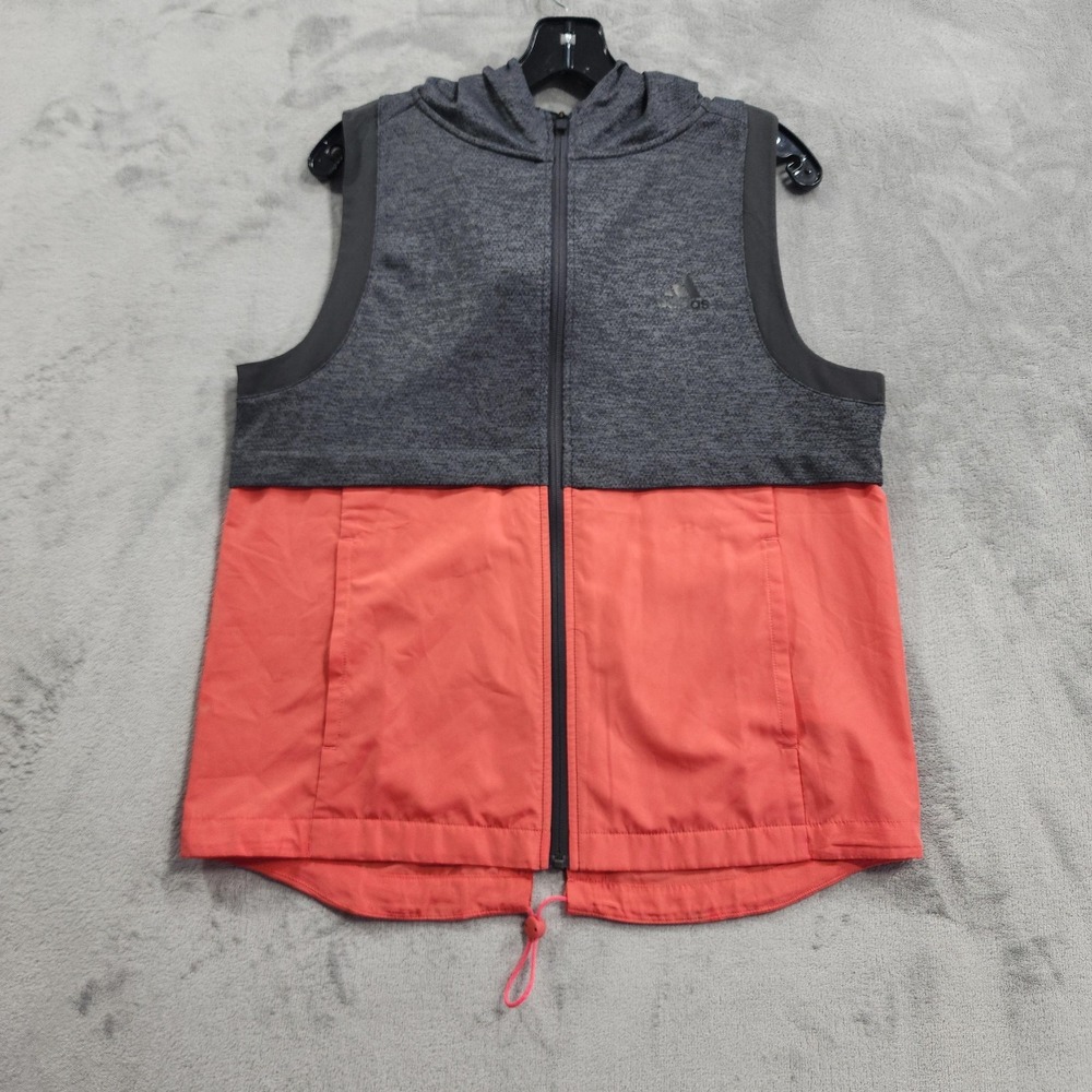 Adidas Jacket Womens M Orange Gray Climalite Sleeveless Hooded Full Zip Running